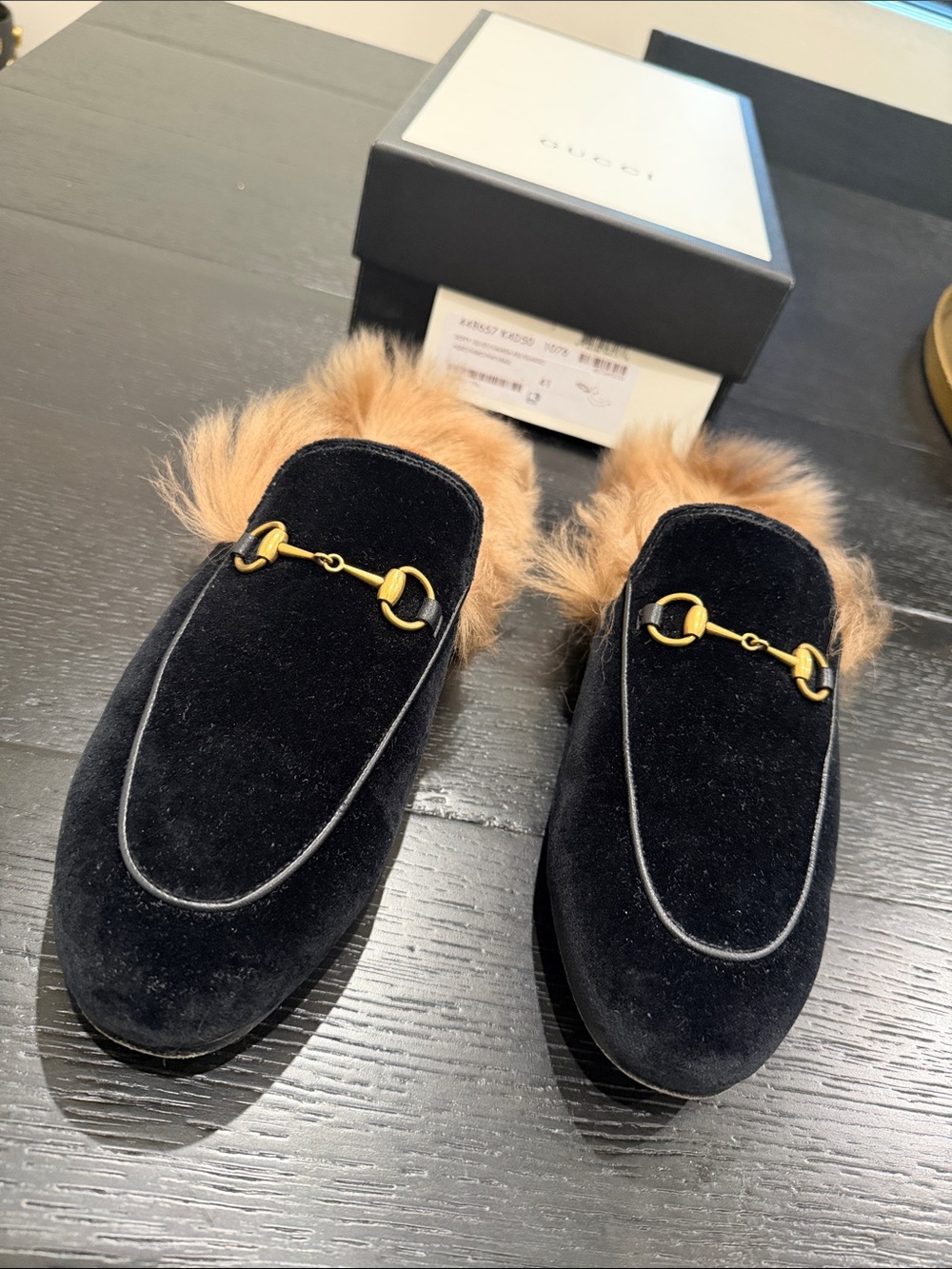Gucci Black Velvet Mule Slippers with Tan Fur and Gold Horsebit